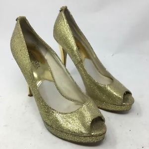 Michael Kors Women 8.5M Glitter Dress Pumps Stiletto Heels Gold Leather Peep Toe